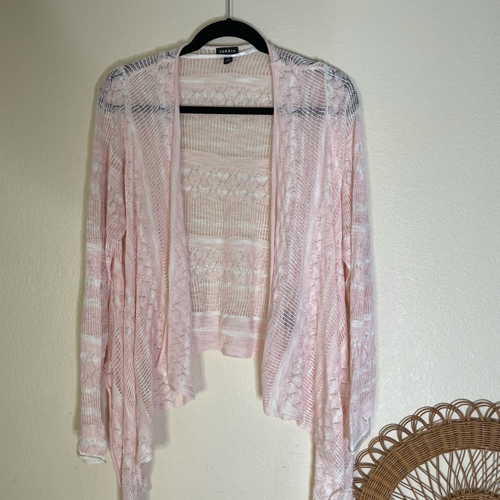 Torrid peach pink & ivory stripe pointelle drape front cardigan